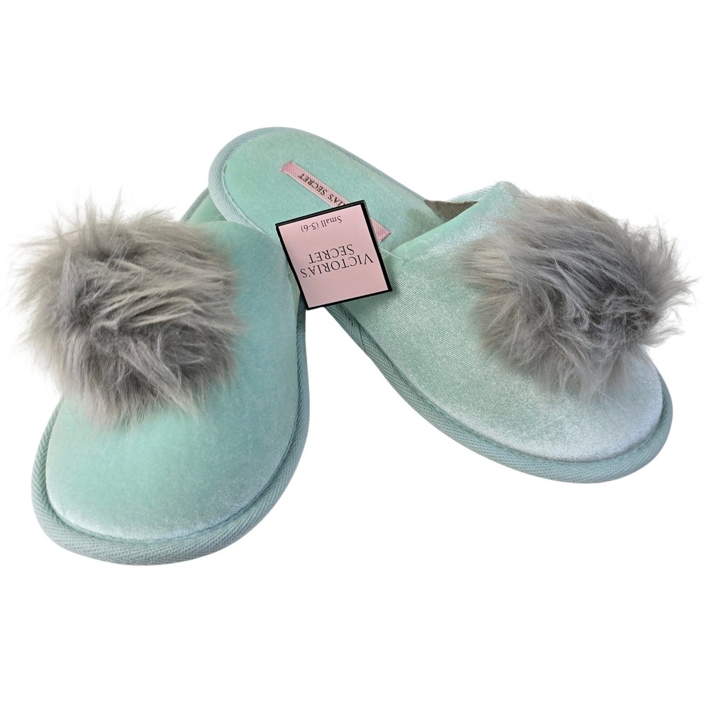 Victorias Secret Mint Green Velvet Pom Pom Slippers 386859 Small 5-6 Cozy